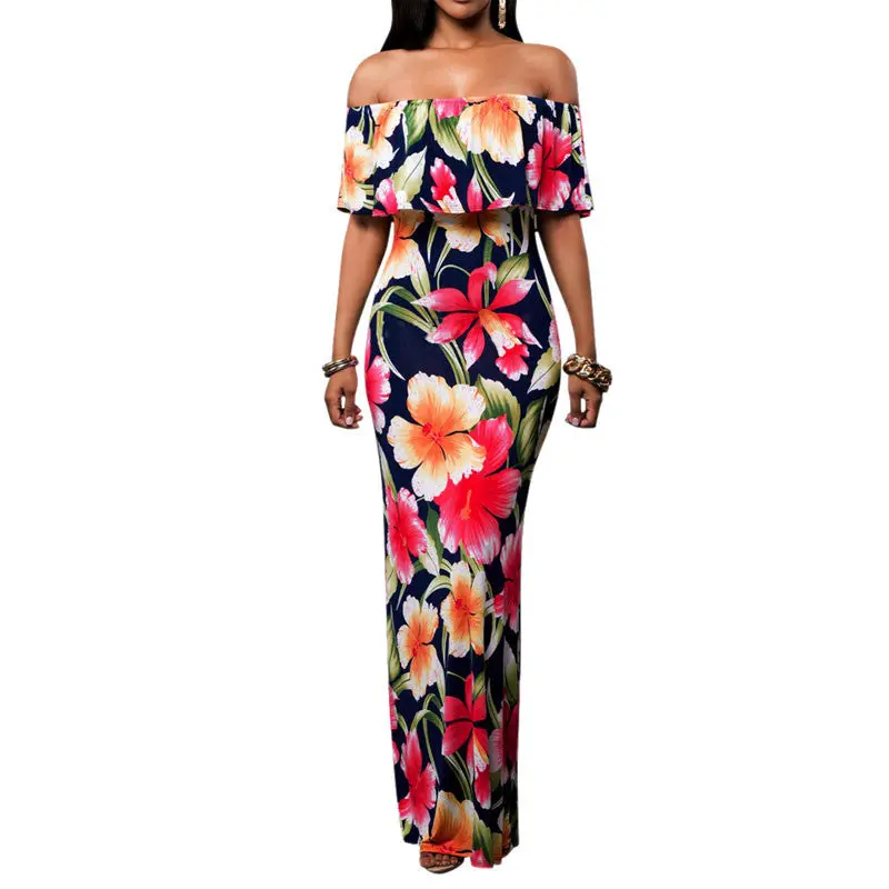 Fashion Floral Print Women Dress Vestidos Off Shoulder Bodycon Party Long Dress Slash Neck Boho Sundress Dress 4
