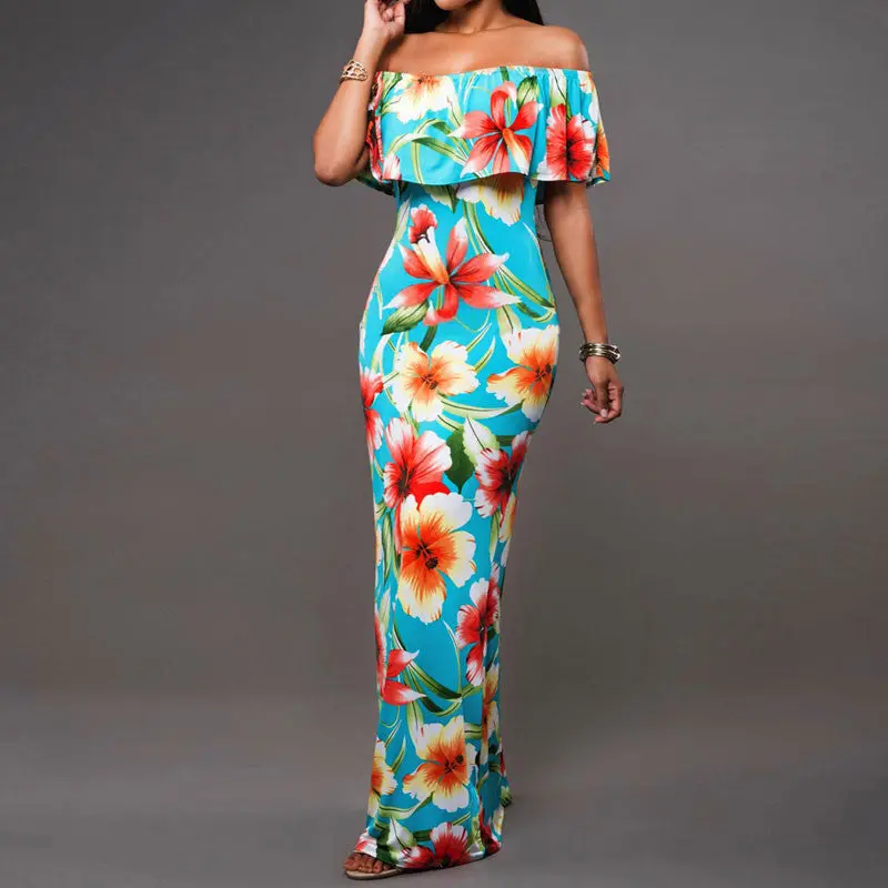 Fashion Floral Print Women Dress Vestidos Off Shoulder Bodycon Party Long Dress Slash Neck Boho Sundress Dress 5