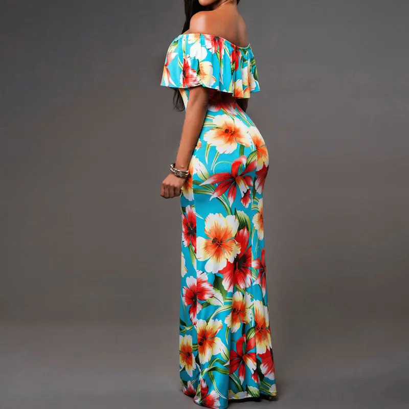 Fashion Floral Print Women Dress Vestidos Off Shoulder Bodycon Party Long Dress Slash Neck Boho Sundress Dress 6