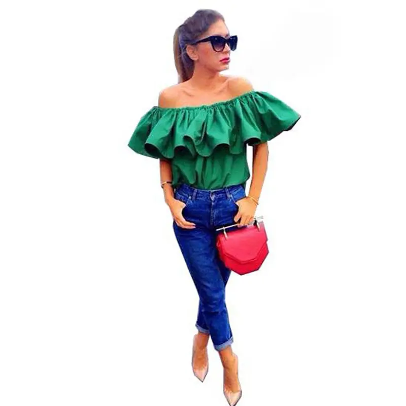 Fashion Green Top Blusas De Fiesta Bar Neck Ruffles Women Tops Off Shoulder Beach Party Blouses Shirt Slash Neck Blouse 1
