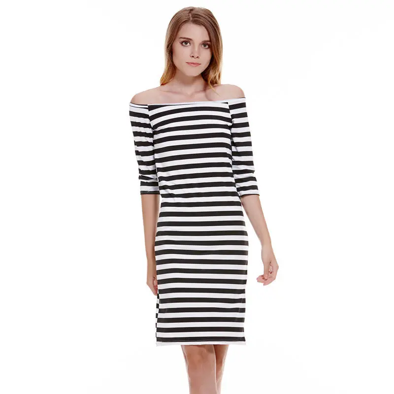 Fashion Half Sleeve Knee Length Stripes Dress Off Shoulder Bodycon Pencil Dress Bodycon Slim Women Dress Vestidos 4