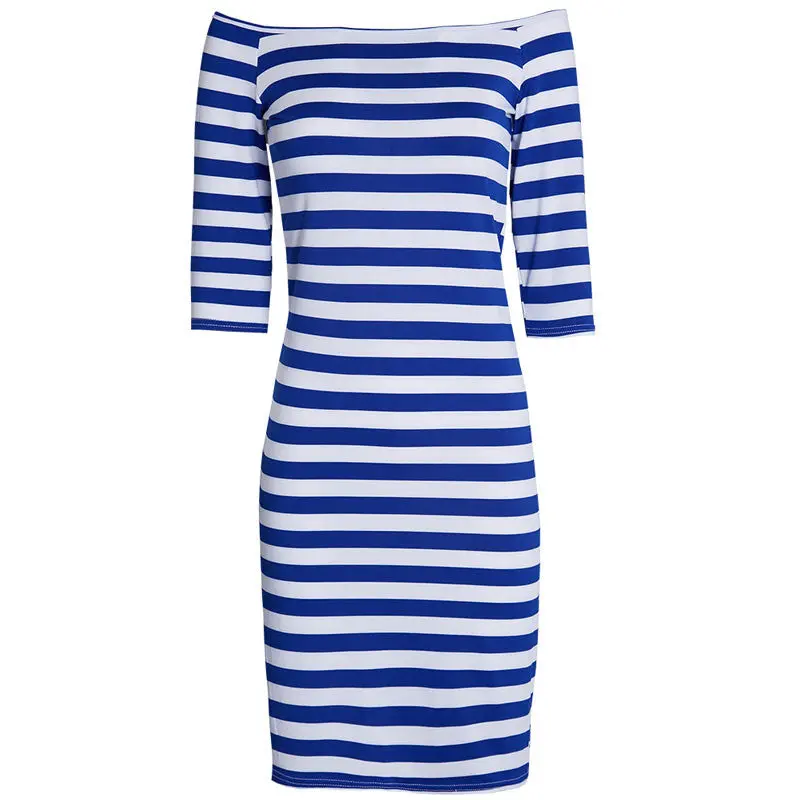 Fashion Half Sleeve Knee Length Stripes Dress Off Shoulder Bodycon Pencil Dress Bodycon Slim Women Dress Vestidos 5
