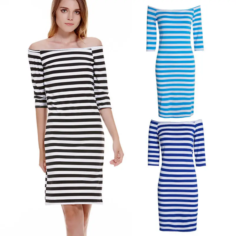 Fashion Half Sleeve Knee Length Stripes Dress Off Shoulder Bodycon Pencil Dress Bodycon Slim Women Dress Vestidos 5