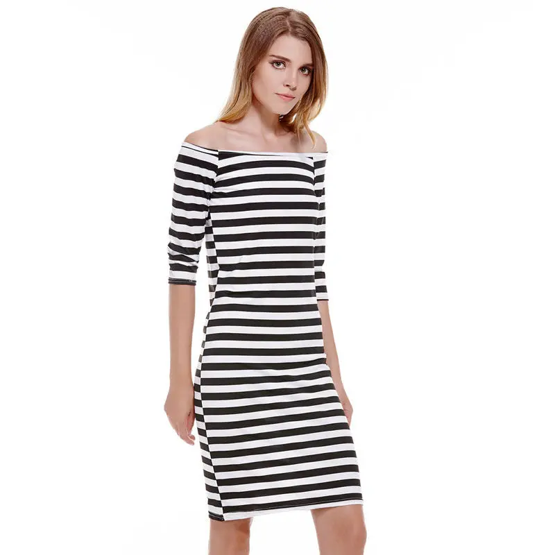 Fashion Half Sleeve Knee Length Stripes Dress Off Shoulder Bodycon Pencil Dress Bodycon Slim Women Dress Vestidos 6