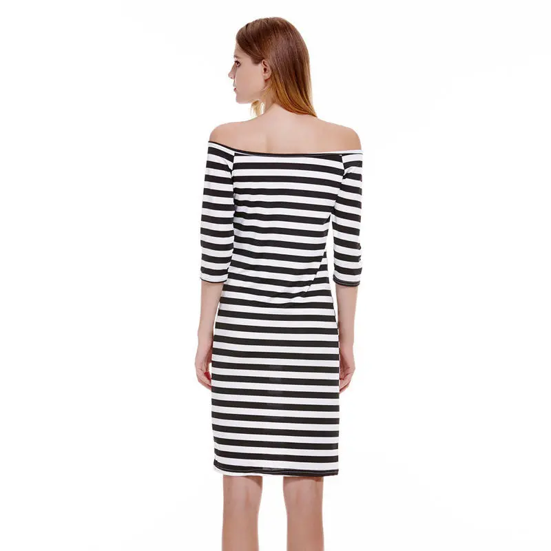 Fashion Half Sleeve Knee Length Stripes Dress Off Shoulder Bodycon Pencil Dress Bodycon Slim Women Dress Vestidos 7