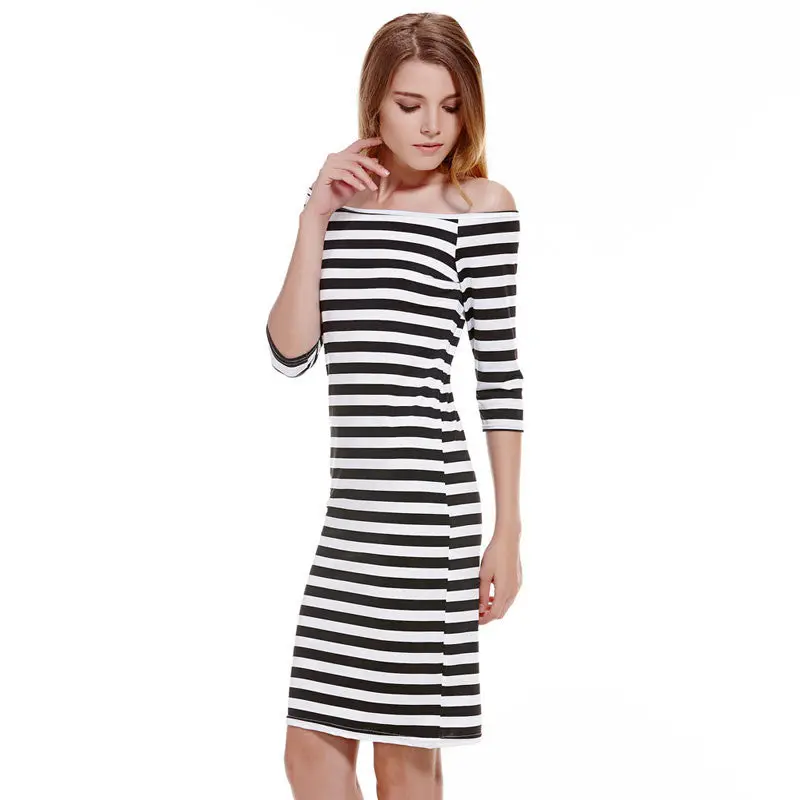 Fashion Half Sleeve Knee Length Stripes Dress Off Shoulder Bodycon Pencil Dress Bodycon Slim Women Dress Vestidos 8