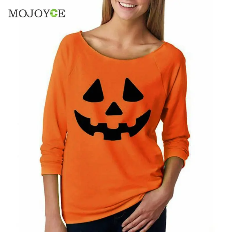 Fashion Halloween Pumpkin Print Hoodie Women Pullover Cotton Sweatshirt Women Tops Shirt Orange Long Sleeves Sweatshirt 1