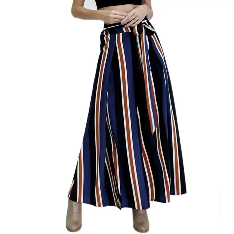 Fashion High Waist Striped Wide Leg Pants Loose Pantalon Femme Elegant Split Drawstring Bow Long Women Pants Pantalones Trousers 2
