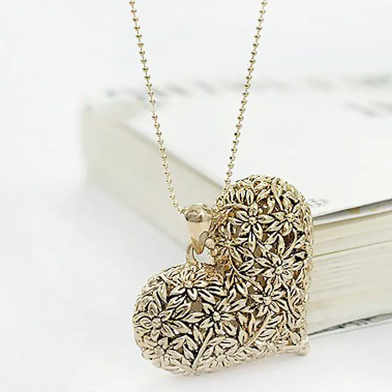 Fashion Hollow Carved Peach Heart Rhinestone Women Lady Long Necklace Bronze Silver Golden Jewelry 3