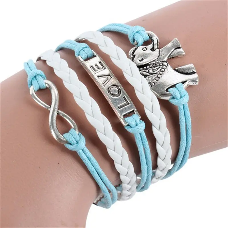 Fashion Infinity Braid Love Elephants Chain Leather Charm Plated Silver Diy Bracelet 1