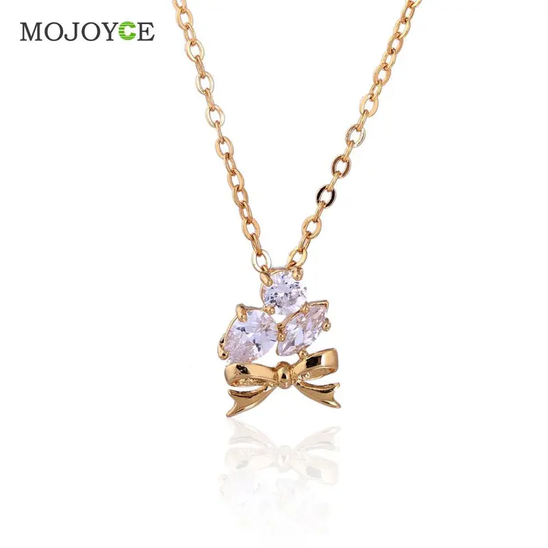 Fashion Jewelry 18K Gold Plated Bow-Knot Rhinestone Pendant Necklace 1