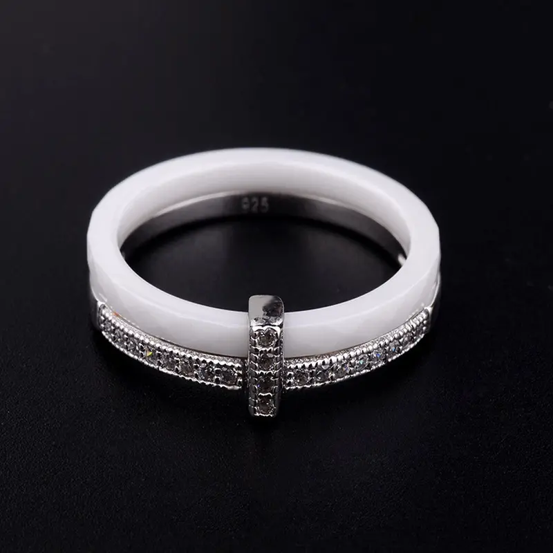 Fashion Jewelry S925 Sterling Silver Polished Nano Ceramic Ring With Cz Diamond Embedded White Gold Electroplated #7 #8 #9 4