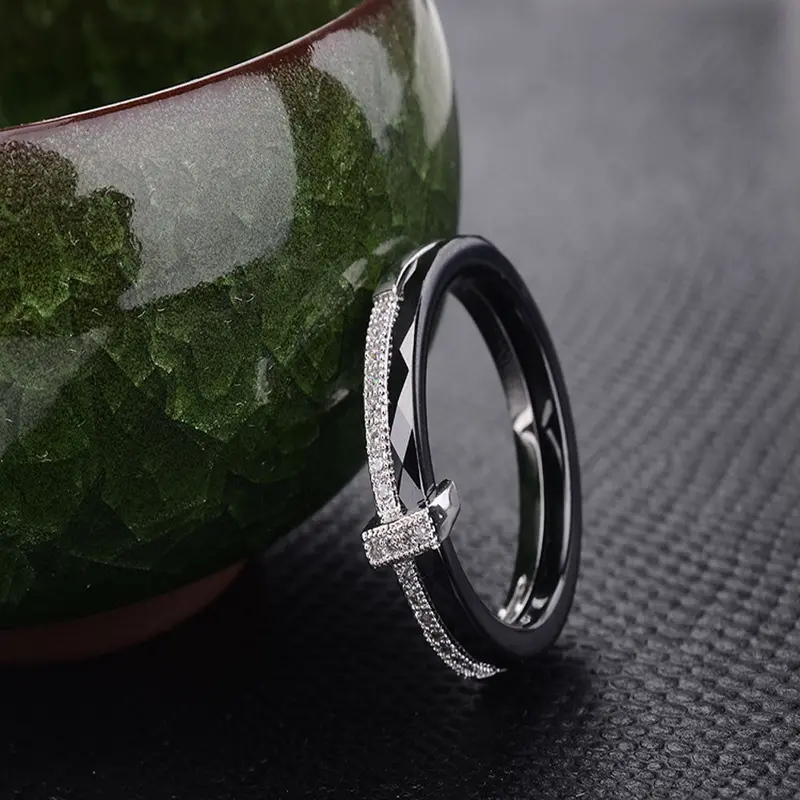 Fashion Jewelry S925 Sterling Silver Polished Nano Ceramic Ring With Cz Diamond Embedded White Gold Electroplated #7 #8 #9 5