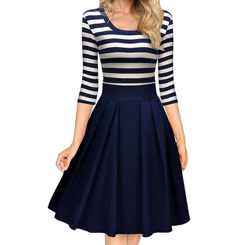 Fashion Knit Blends Dress Vintage Hepburn Stripe Dress Ball Gown Party Women Dress Feminino Vestidos Navy Blue 1