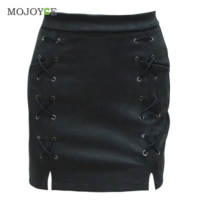 Fashion Lace Up Suede Leather Skirts Cross Strap Buckskin High Waist Short Skirts Casual High Waist A-Line Skirts 1