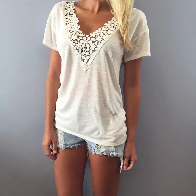 Fashion Leisure Women T Shirt Short Sleeve Beige Lace Splice V-Neck Top Ladies Casual T-Shirt 1