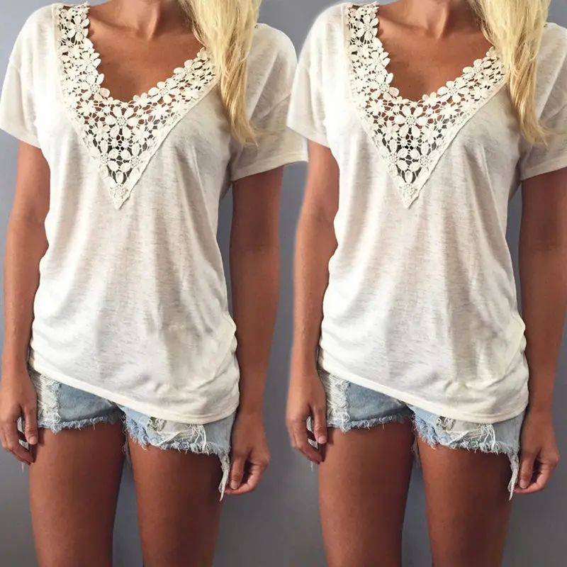 Fashion Leisure Women T Shirt Short Sleeve Beige Lace Splice V-Neck Top Ladies Casual T-Shirt 2