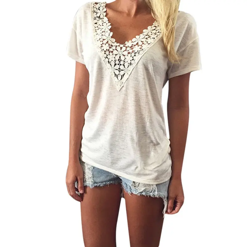 Fashion Leisure Women T Shirt Short Sleeve Beige Lace Splice V-Neck Top Ladies Casual T-Shirt 3
