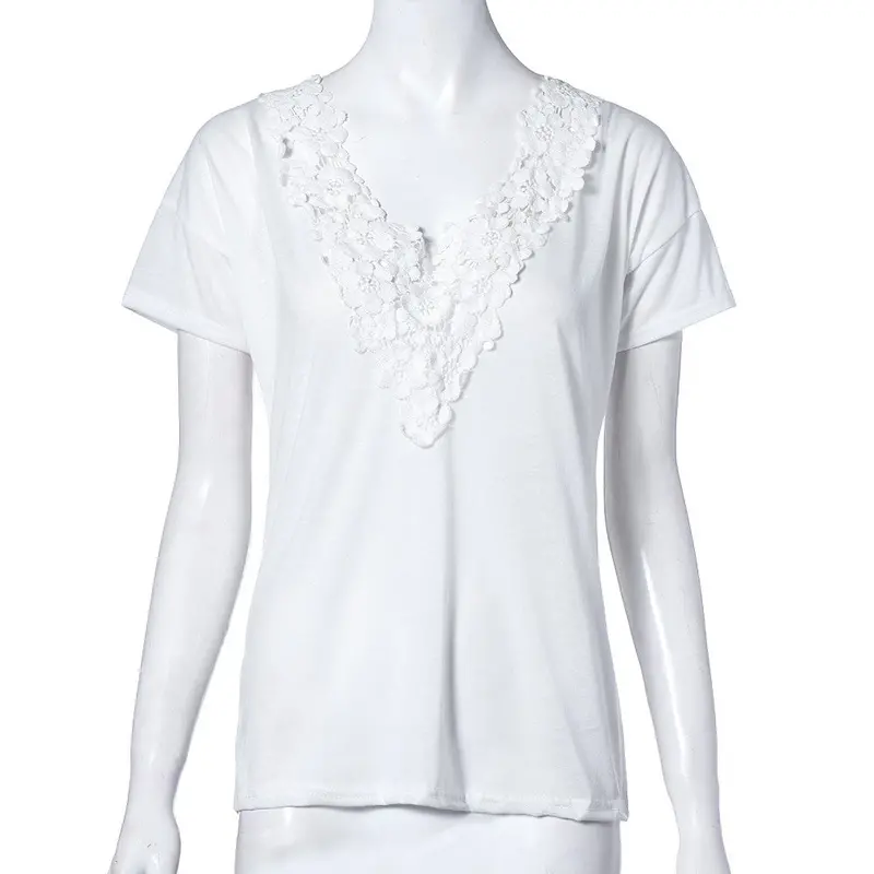 Fashion Leisure Women T Shirt Short Sleeve Beige Lace Splice V-Neck Top Ladies Casual T-Shirt 4