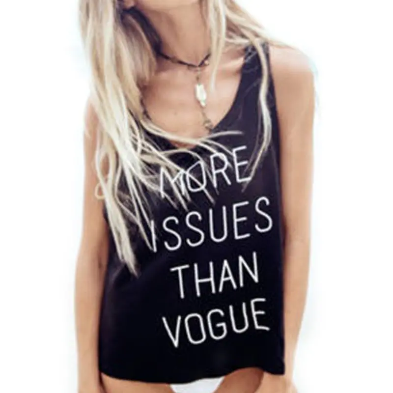 Fashion Letter Printing Sleeveless Loose Crop Top Sexy Leisure Small Vest Blusa Cropped Black O-Neck Cotton Blend Tank Tops 1