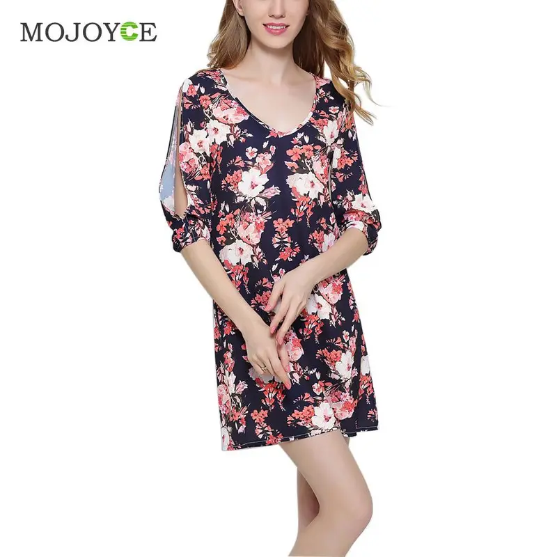 Fashion Loose V-Neck Printing Women Dress Arm Split The A-Line Dress Sleeve Slit Dress Navy Blue Vestido De Festa 1