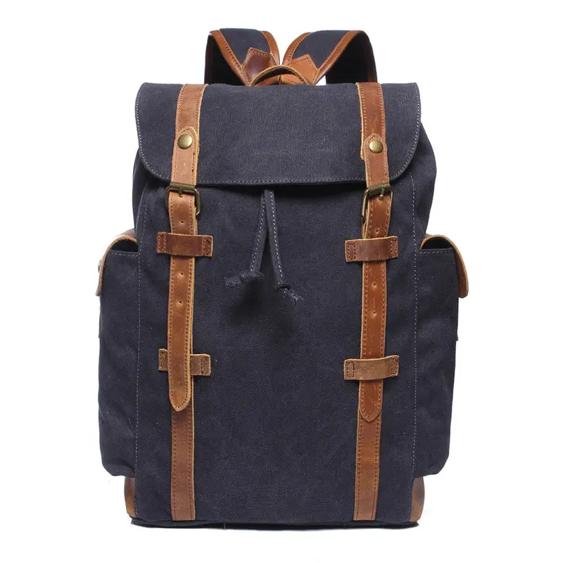 Fashion Mens Canvas Backpack Leather Drawstring Closure School Bag Preppy Laptop Backpack Large Capacity Mochila 1