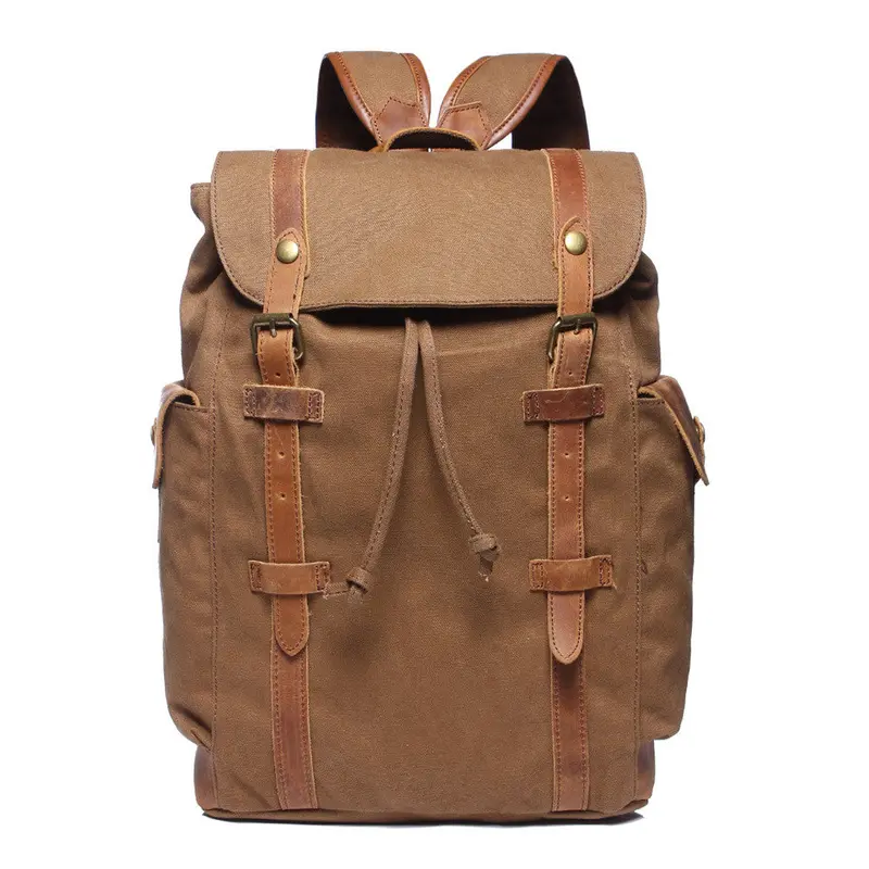 Fashion Mens Canvas Backpack Leather Drawstring Closure School Bag Preppy Laptop Backpack Large Capacity Mochila 2