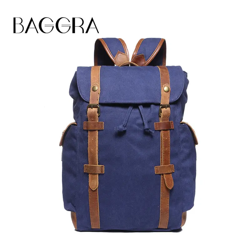 Fashion Mens Canvas Backpack Leather Drawstring Closure School Bag Preppy Laptop Backpack Large Capacity Mochila 3
