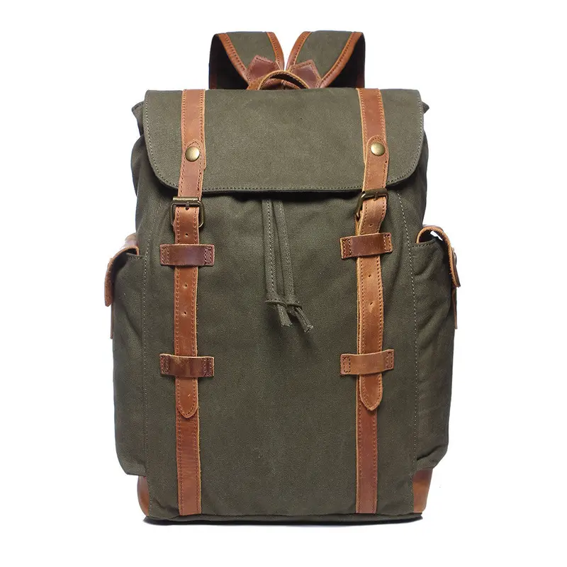 Fashion Mens Canvas Backpack Leather Drawstring Closure School Bag Preppy Laptop Backpack Large Capacity Mochila 4