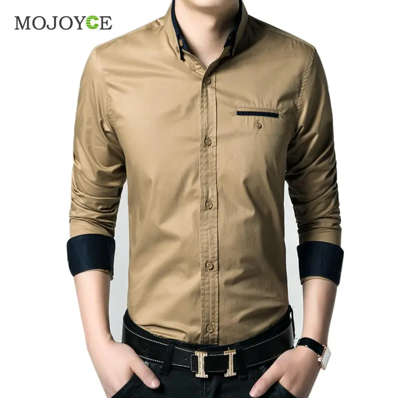 Fashion Mens Luxury Slim Fit Dress Shirt Long Sleeve Casual Stylish Khaki Shirts Cotton Business Dress Shirt Plus Size 2