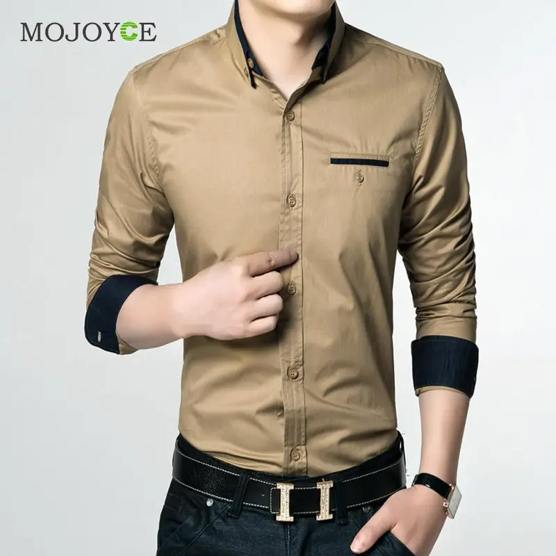 Fashion Mens Luxury Slim Fit Dress Shirt Long Sleeve Casual Stylish Khaki Shirts Cotton Business Dress Shirt Plus Size 3