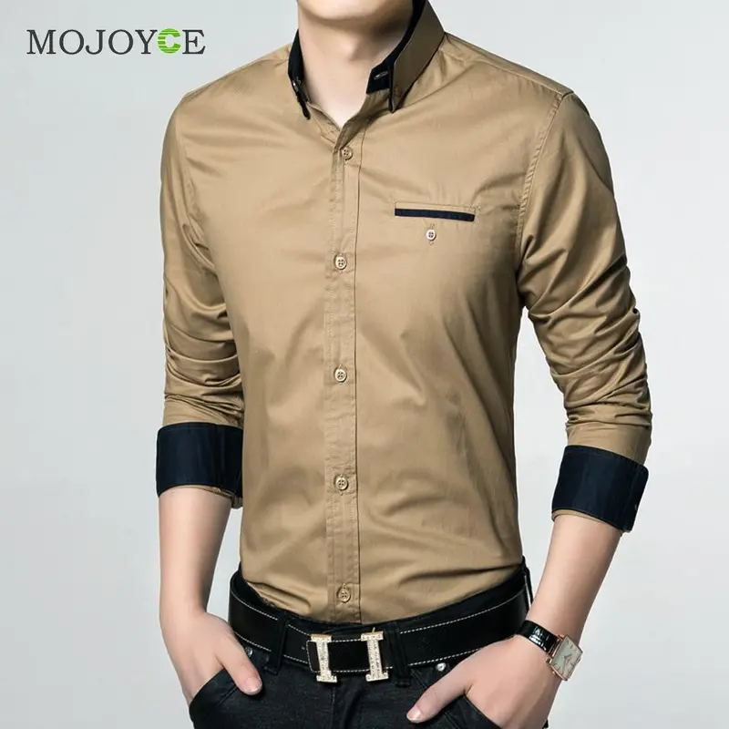 Fashion Mens Luxury Slim Fit Dress Shirt Long Sleeve Casual Stylish Khaki Shirts Cotton Business Dress Shirt Plus Size 4