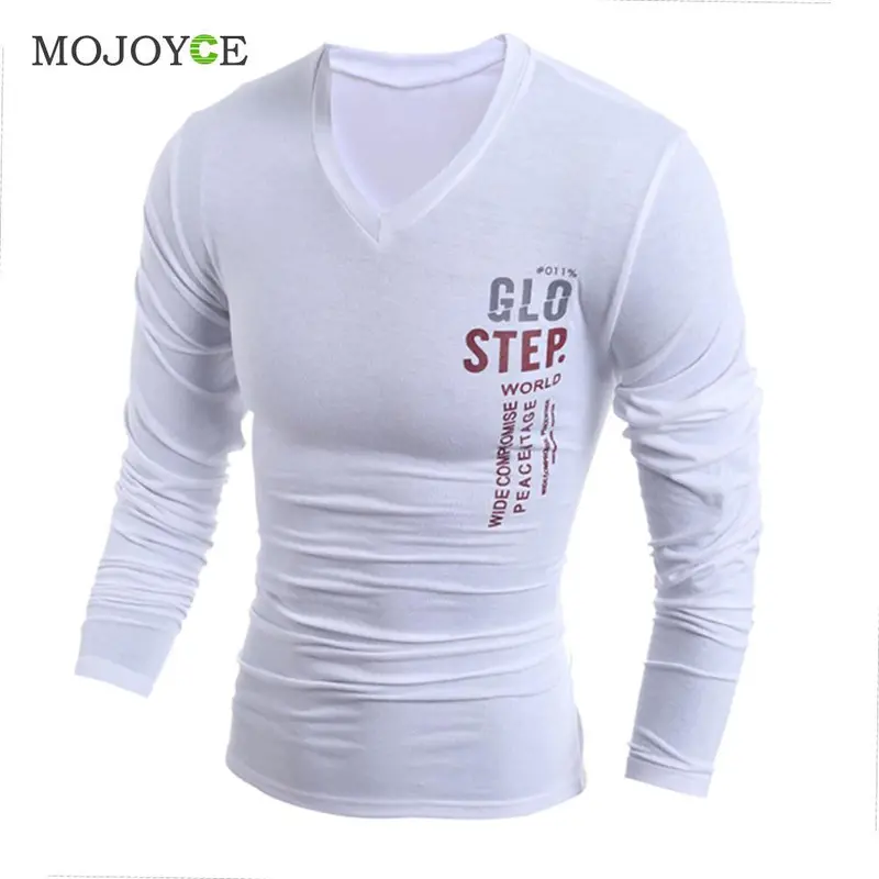 Fashion Men's Slim Fit Cotton T Shirts V-Neck Long Sleeve T-Shirt Tops Letter Print Tee Shirt Casual Men Tops Men Clothing 1