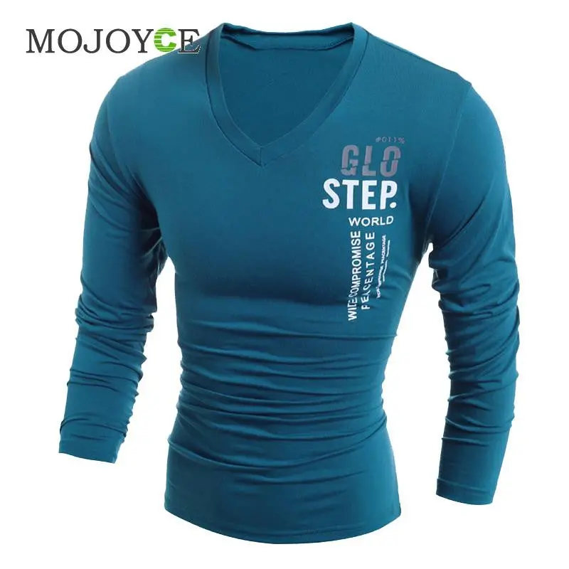 Fashion Men's Slim Fit Cotton T Shirts V-Neck Long Sleeve T-Shirt Tops Letter Print Tee Shirt Casual Men Tops Men Clothing 5