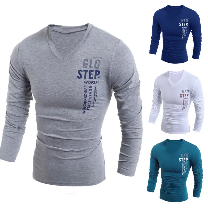 Fashion Men's Slim Fit Cotton T Shirts V-Neck Long Sleeve T-Shirt Tops Letter Print Tee Shirt Casual Men Tops Men Clothing 6