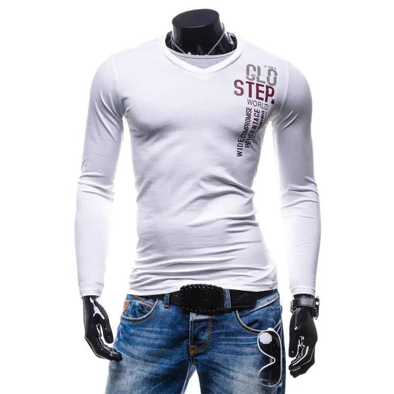 Fashion Men's Slim Fit Cotton T Shirts V-Neck Long Sleeve T-Shirt Tops Letter Print Tee Shirt Casual Men Tops Men Clothing 7