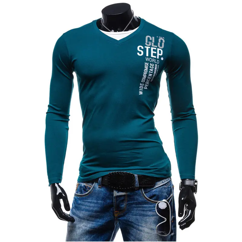Fashion Men's Slim Fit Cotton T Shirts V-Neck Long Sleeve T-Shirt Tops Letter Print Tee Shirt Casual Men Tops Men Clothing 8