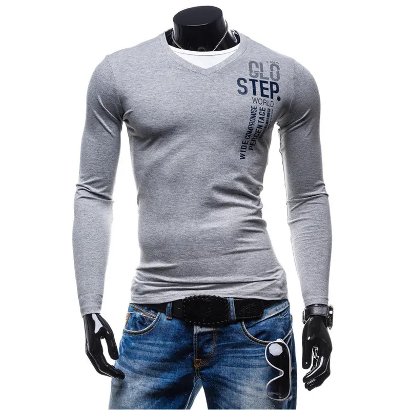 Fashion Men's Slim Fit Cotton T Shirts V-Neck Long Sleeve T-Shirt Tops Letter Print Tee Shirt Casual Men Tops Men Clothing 9
