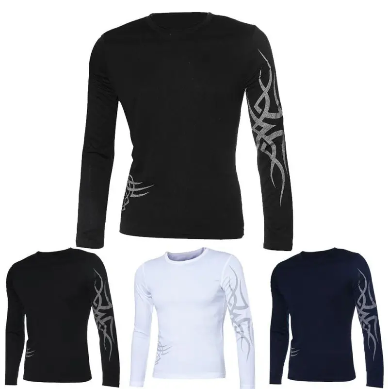 Fashion Mens Slim Fit Round Neck Long Sleeve Tattoo Print Casual T-Shirt 4