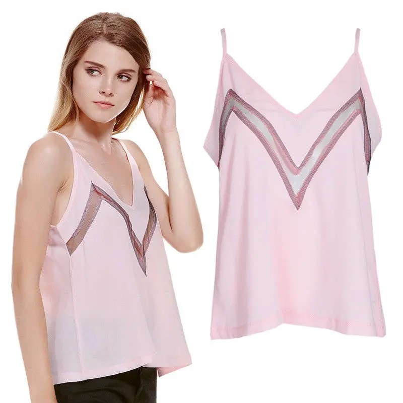 Fashion Net Yarn Crop Top Splicing Suspenders V-Neck Loose Camis Patchwork Vest Blusa Chiffon Tank Tops Crops For 1