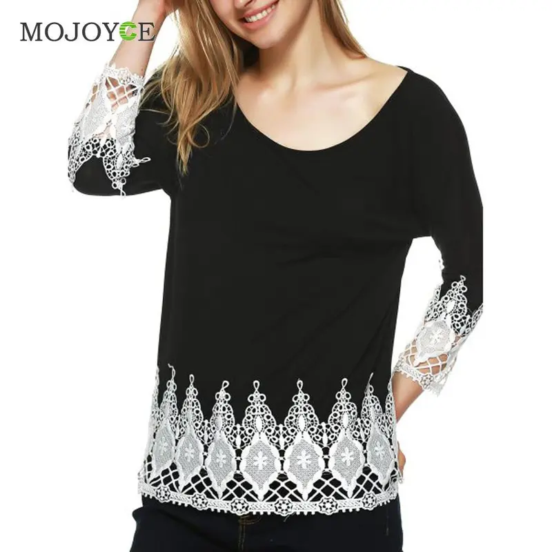 Fashion New Blusas Tops Lace Crochet Patchwork Women Tops Black Long Sleeve Tee Casual O Neck T Shirts Women M,L,Xl 1