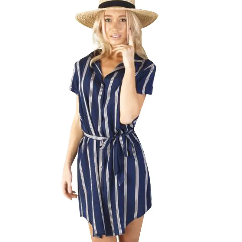 Fashion New Party Women Cotton Shirt Dress Casual Beach Stripe Dress With Sashes 1
