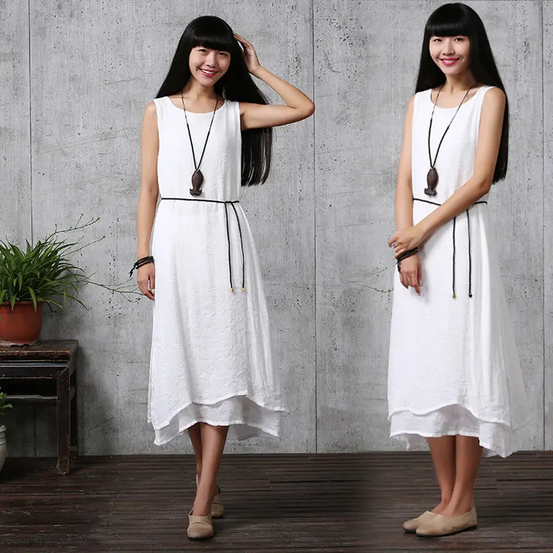 Fashion New Women Long Party Dress Linen Cotton Plus Loose Sleeveless Dresses One Size 1
