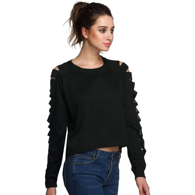 Fashion New Women O-Neck Cut Long Sleeve Loose Shirt Pullover Casual Crop Top Hole Decoration Blusas Femininas 1