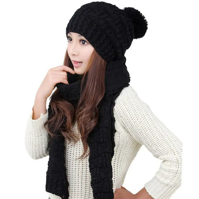 Fashion New Women Warm Thicken Scarf Hat Set Knitted Knitting Skull Caps 1