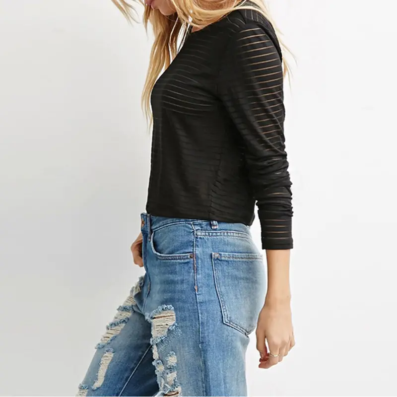 Fashion O-Neck Tops Cropped Net Yarn Splicing Brief Paragraph Long Sleeve T-Shirt Women Crop Top Tee Shirt Femme Blusa 4