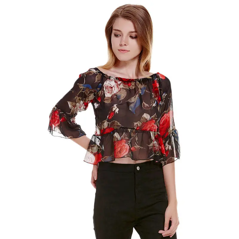 Fashion Off Shoulder Floral Print Women Blouses Tops Long Sleeve Chiffon Shirt Women Blusa Plus Size Blusas Femininas 1