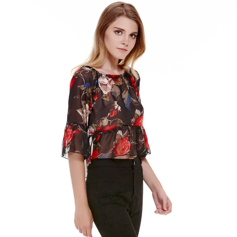 Fashion Off Shoulder Floral Print Women Blouses Tops Long Sleeve Chiffon Shirt Women Blusa Plus Size Blusas Femininas 2