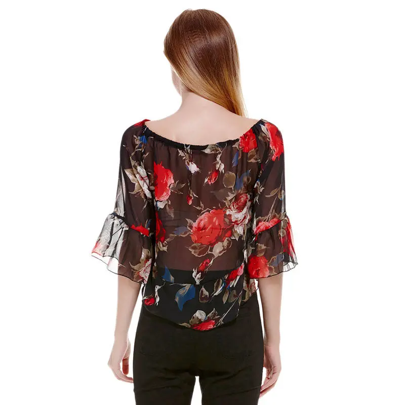 Fashion Off Shoulder Floral Print Women Blouses Tops Long Sleeve Chiffon Shirt Women Blusa Plus Size Blusas Femininas 3