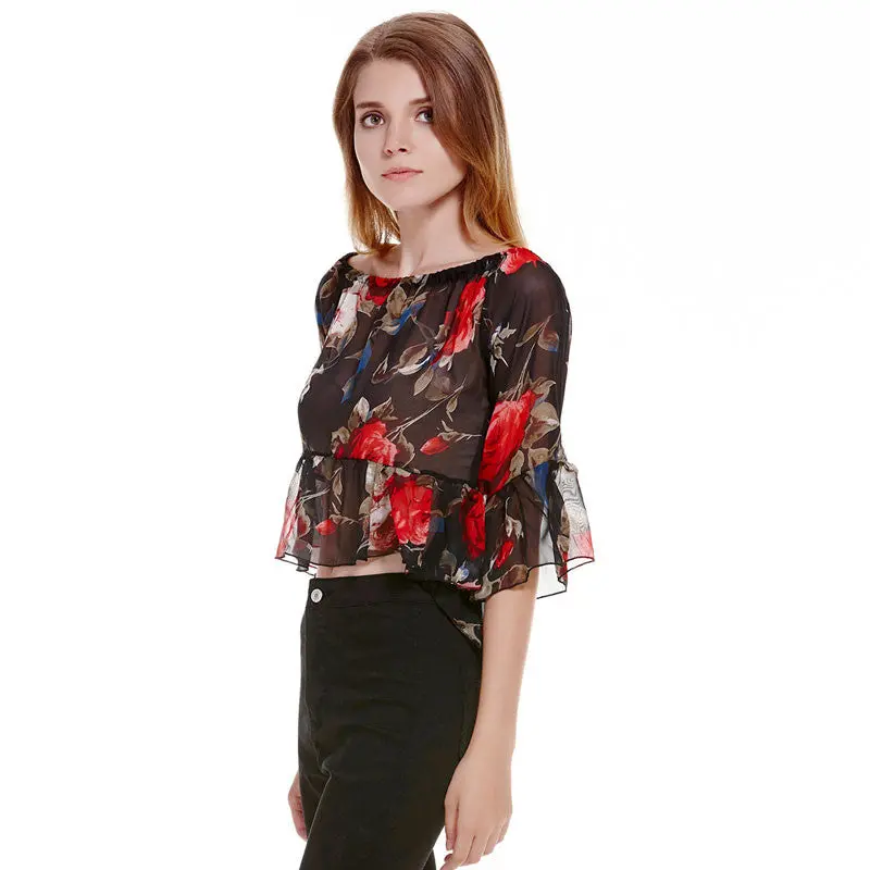 Fashion Off Shoulder Floral Print Women Blouses Tops Long Sleeve Chiffon Shirt Women Blusa Plus Size Blusas Femininas 4